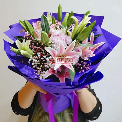 长春6支粉色多头百合，真诚的问候